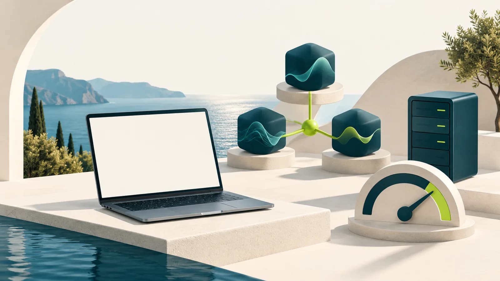 Conceptual illustration of a laptop, model nodes, server and usage-budget gauge, not a Nous Portal screenshot
