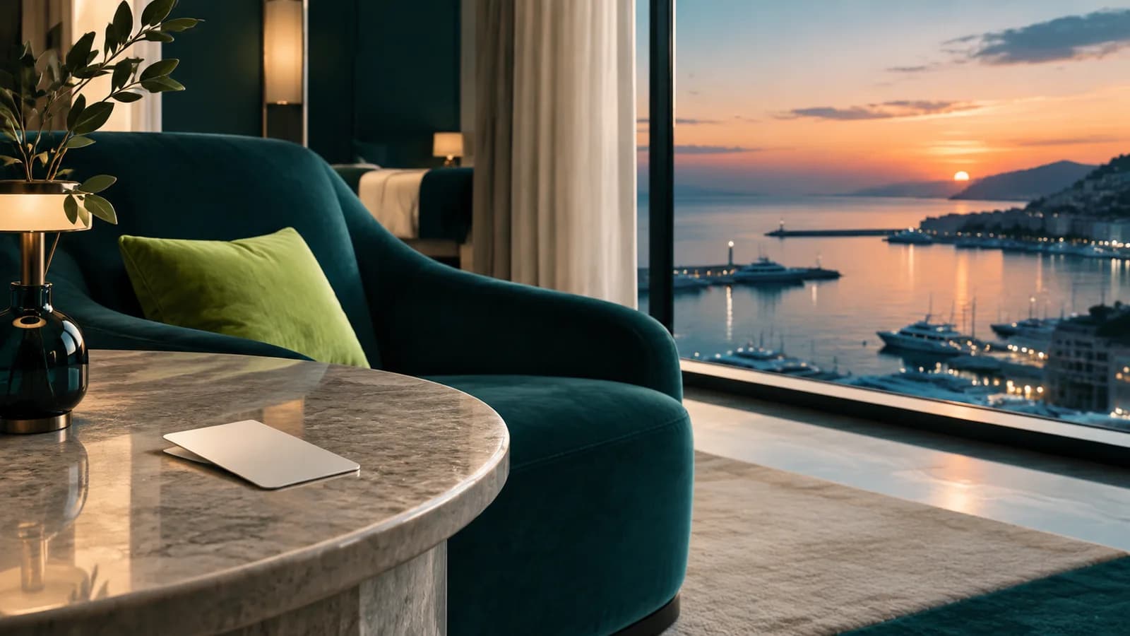 A key card on a stone side table in a quiet hotel corner at dusk